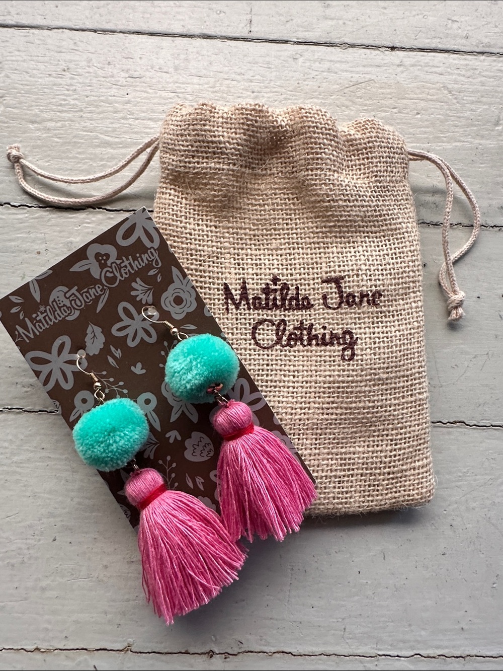 Matilda Jane Pink Tassel Earrings with Teal Pom Accent